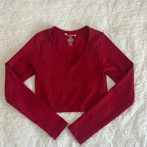 Red Fitted Long Sleeve Cropped Top
